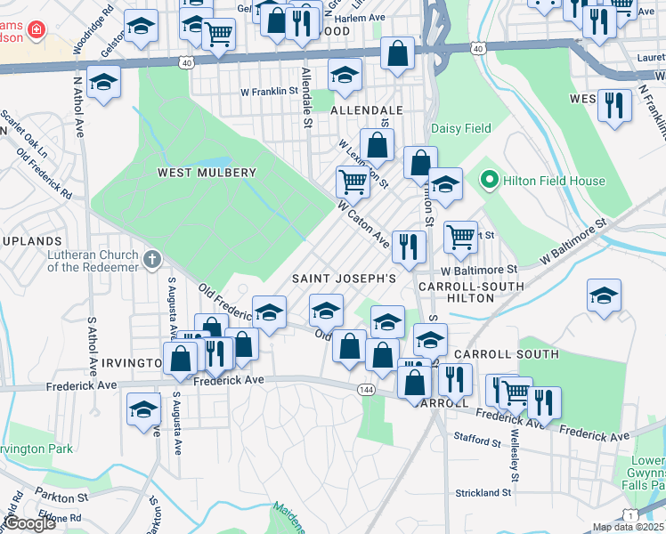 map of restaurants, bars, coffee shops, grocery stores, and more near 1 North Culver Street in Baltimore