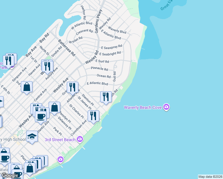 map of restaurants, bars, coffee shops, grocery stores, and more near 300 Gull Road in Ocean City