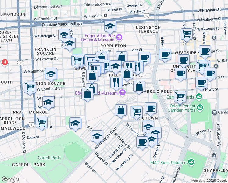 map of restaurants, bars, coffee shops, grocery stores, and more near 130 South Schroeder Street in Baltimore