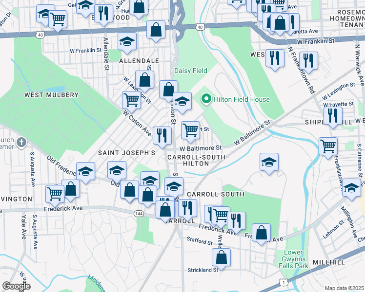 map of restaurants, bars, coffee shops, grocery stores, and more near 3208 West Baltimore Street in Baltimore