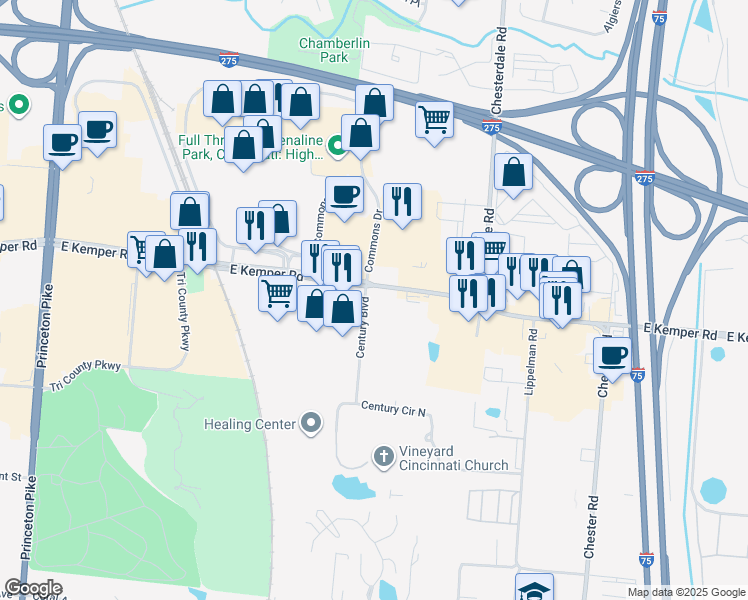 map of restaurants, bars, coffee shops, grocery stores, and more near 11590 Century Boulevard in Cincinnati