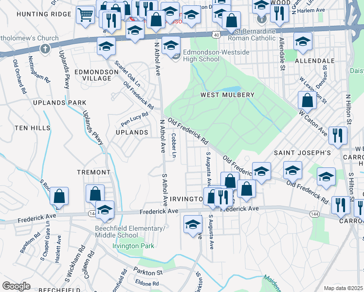 map of restaurants, bars, coffee shops, grocery stores, and more near 2 South Woodington Road in Baltimore