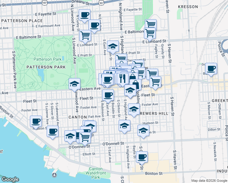 map of restaurants, bars, coffee shops, grocery stores, and more near 503 South Bouldin Street in Baltimore