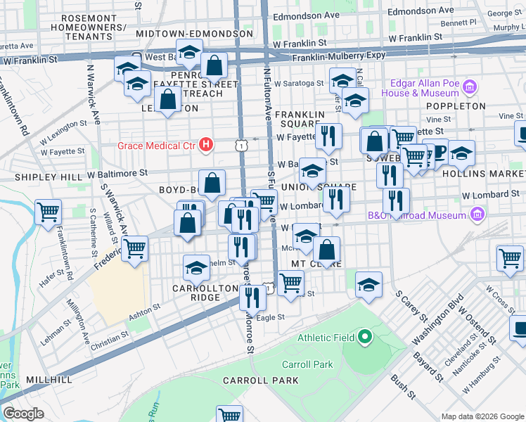 map of restaurants, bars, coffee shops, grocery stores, and more near 1811 West Lombard Street in Baltimore