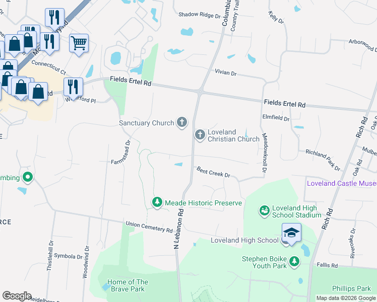 map of restaurants, bars, coffee shops, grocery stores, and more near 9934 Stonebridge Drive in Loveland
