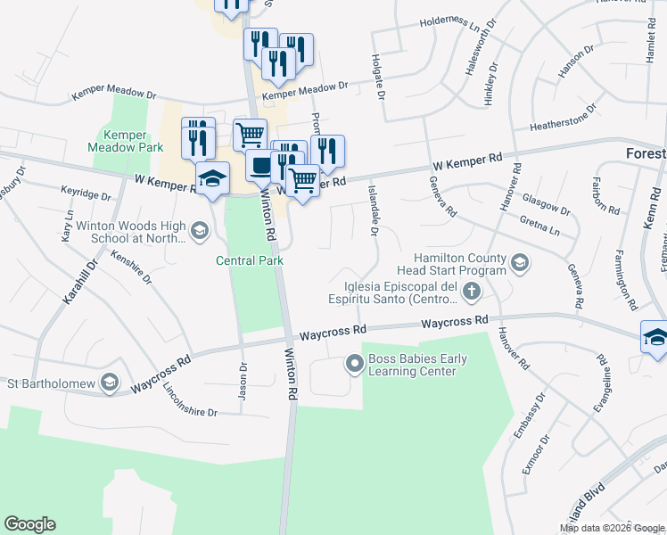 map of restaurants, bars, coffee shops, grocery stores, and more near 1127 Imprint Lane in Cincinnati