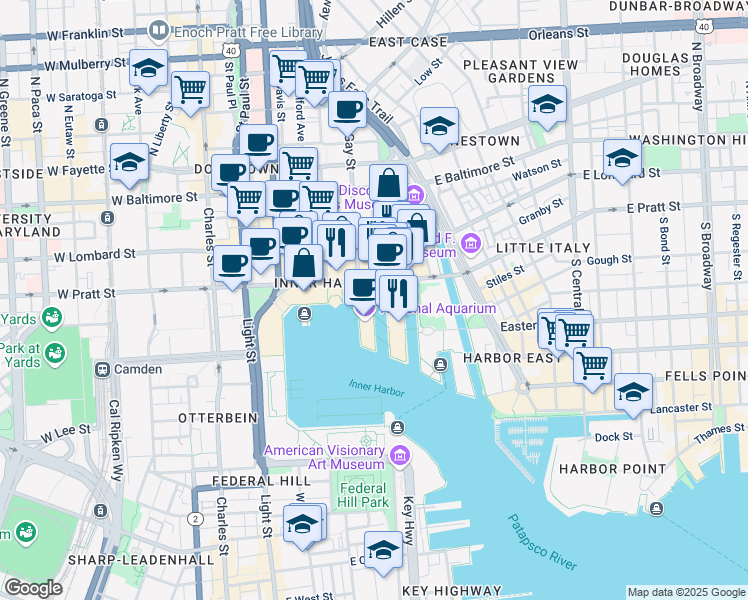 map of restaurants, bars, coffee shops, grocery stores, and more near 1900 Harbor Bridge Walk in Baltimore