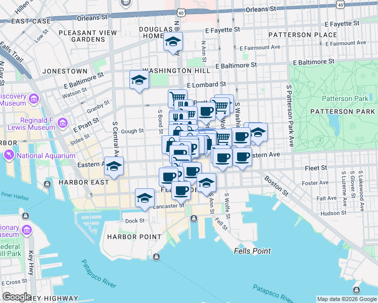 map of restaurants, bars, coffee shops, grocery stores, and more near 419 South Broadway in Baltimore