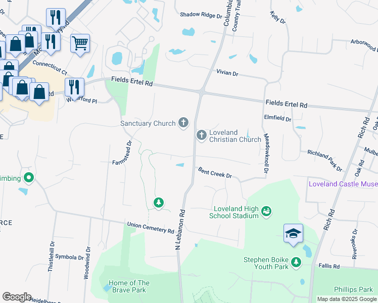 map of restaurants, bars, coffee shops, grocery stores, and more near 9934 Stonebridge Drive in Loveland