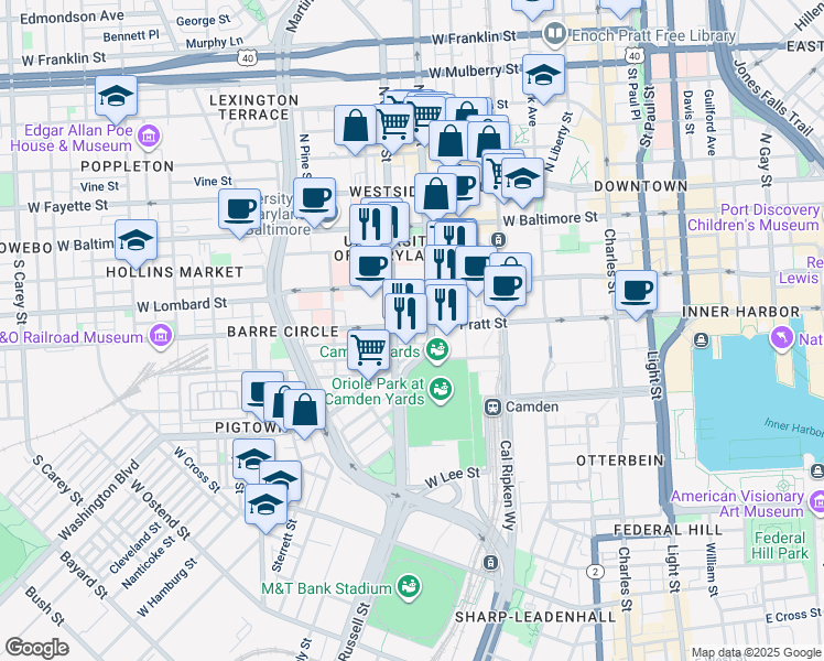 map of restaurants, bars, coffee shops, grocery stores, and more near 519 West Pratt Street in Baltimore