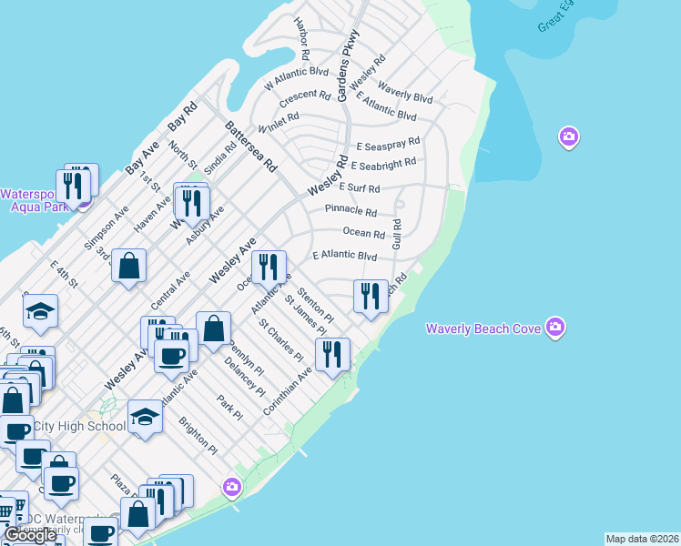 map of restaurants, bars, coffee shops, grocery stores, and more near 111 East Atlantic Boulevard in Ocean City