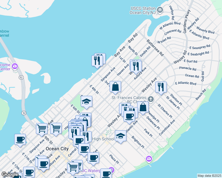 map of restaurants, bars, coffee shops, grocery stores, and more near 300 West Avenue in Ocean City
