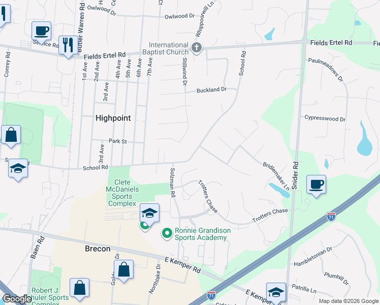 map of restaurants, bars, coffee shops, grocery stores, and more near 8024 School Road in Cincinnati