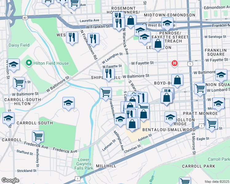 map of restaurants, bars, coffee shops, grocery stores, and more near 2537 Boyd Street in Baltimore