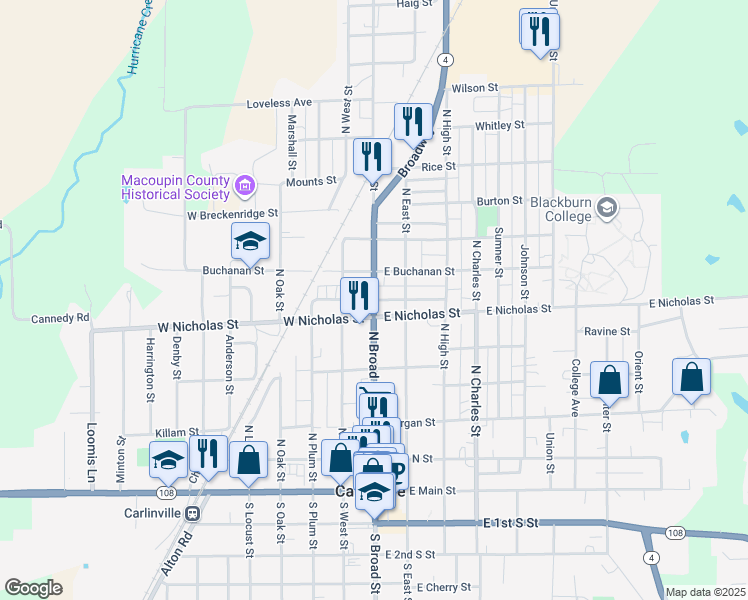 map of restaurants, bars, coffee shops, grocery stores, and more near 601 North Broad Street in Carlinville