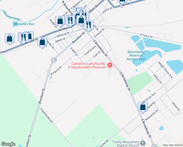 map of restaurants, bars, coffee shops, grocery stores, and more near 535 South Mill Street in Blanchester