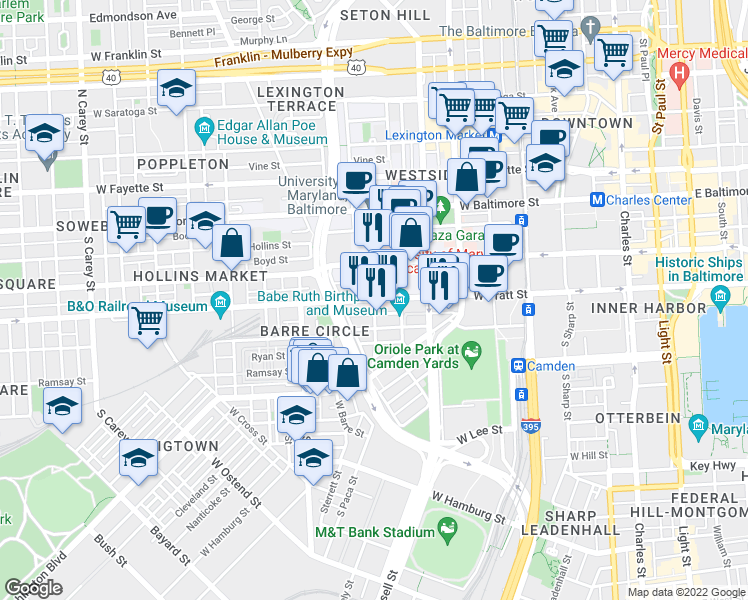 map of restaurants, bars, coffee shops, grocery stores, and more near 114-198 Penn Street in Baltimore