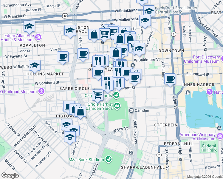 map of restaurants, bars, coffee shops, grocery stores, and more near 511 West Pratt Street in Baltimore