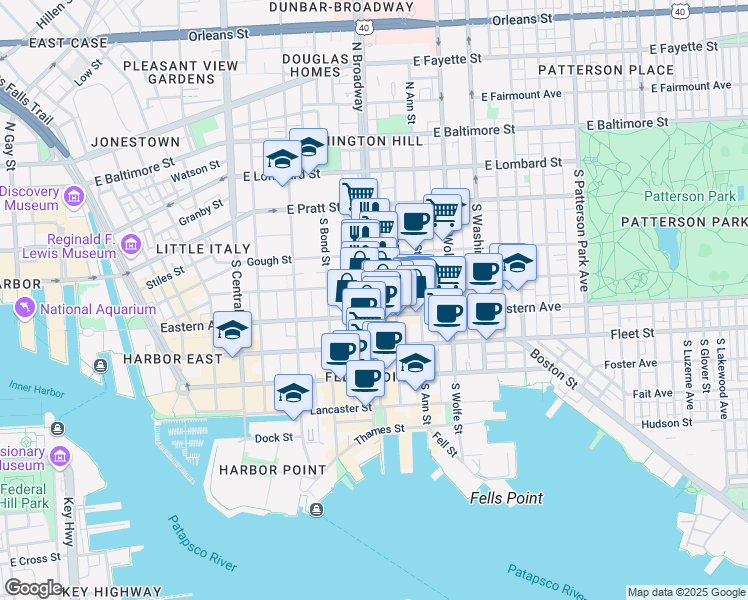 map of restaurants, bars, coffee shops, grocery stores, and more near South Broadway in Baltimore