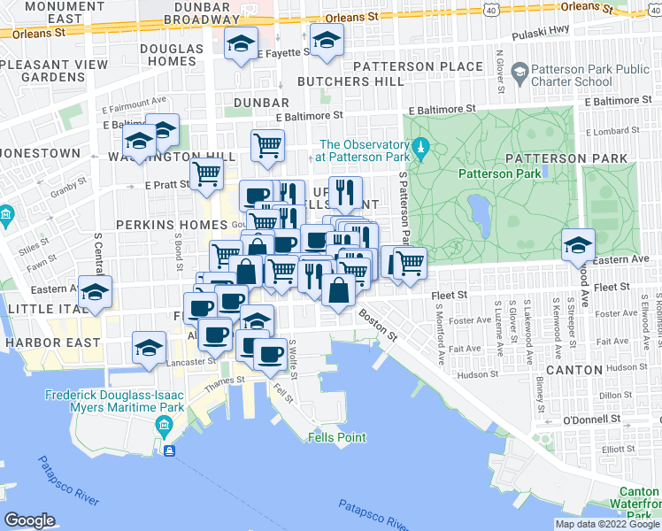 map of restaurants, bars, coffee shops, grocery stores, and more near 2023 Portugal Street in Baltimore
