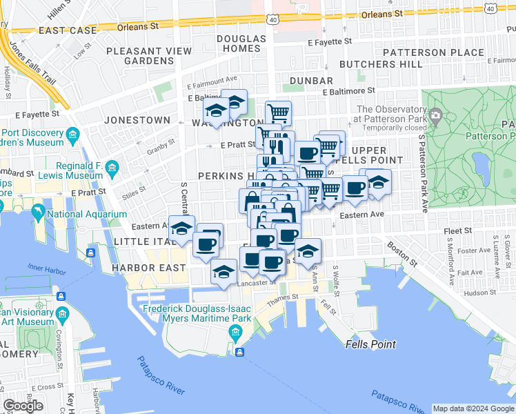 map of restaurants, bars, coffee shops, grocery stores, and more near 1610 Portugal Street in Baltimore