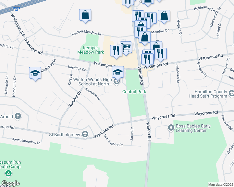 map of restaurants, bars, coffee shops, grocery stores, and more near 1231 West Kemper Road in Cincinnati
