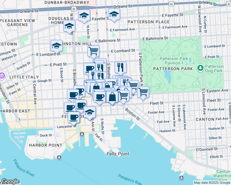 map of restaurants, bars, coffee shops, grocery stores, and more near 2023 Portugal Street in Baltimore