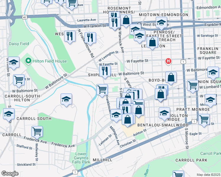 map of restaurants, bars, coffee shops, grocery stores, and more near 2537 Boyd Street in Baltimore