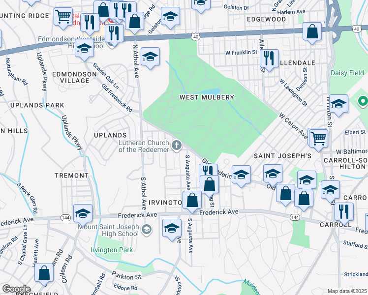 map of restaurants, bars, coffee shops, grocery stores, and more near 2 South Augusta Avenue in Baltimore