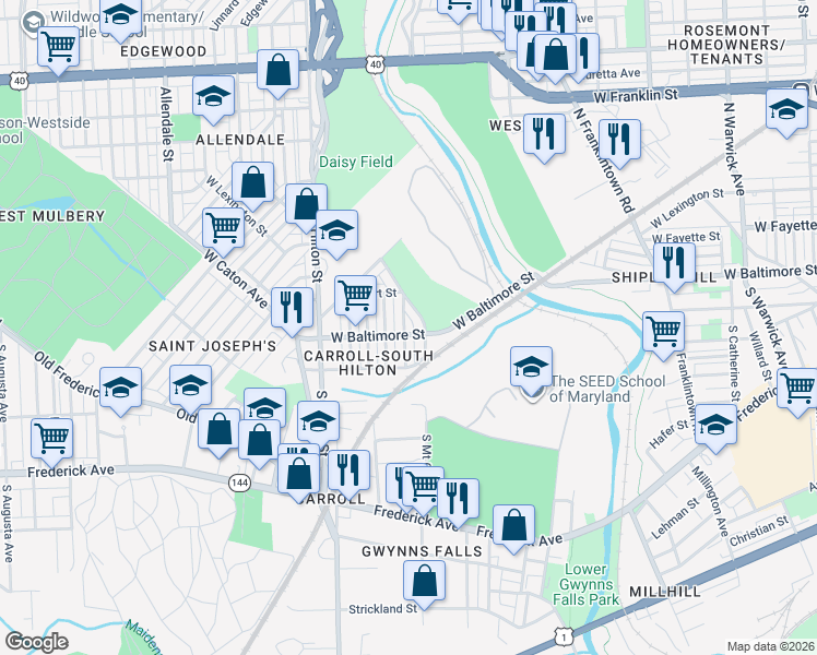 map of restaurants, bars, coffee shops, grocery stores, and more near 5 North Rosedale Street in Baltimore