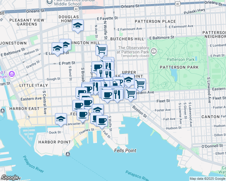 map of restaurants, bars, coffee shops, grocery stores, and more near Portugal Street in Baltimore