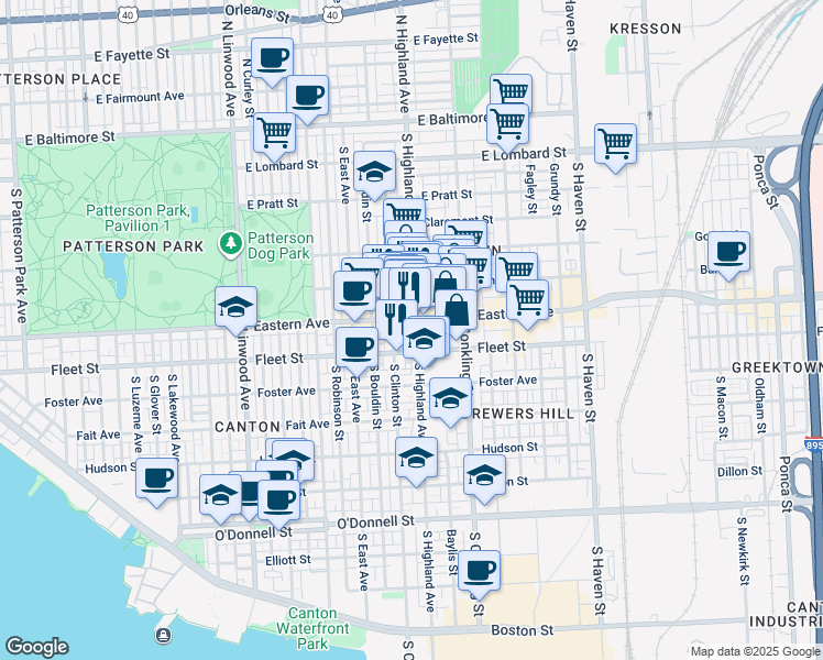 map of restaurants, bars, coffee shops, grocery stores, and more near 502 South Highland Avenue in Baltimore
