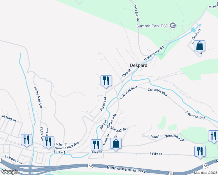 map of restaurants, bars, coffee shops, grocery stores, and more near 323 Factory St in Clarksburg