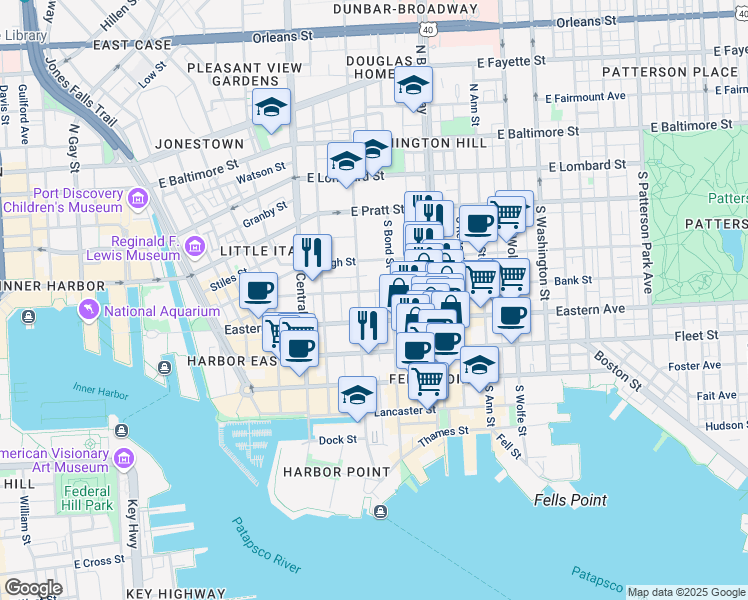 map of restaurants, bars, coffee shops, grocery stores, and more near 404 South Dallas Street in Baltimore