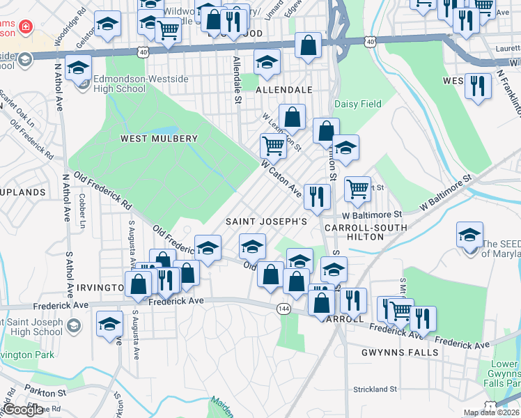 map of restaurants, bars, coffee shops, grocery stores, and more near 9 North Culver Street in Baltimore