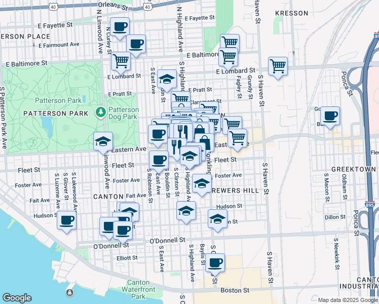 map of restaurants, bars, coffee shops, grocery stores, and more near 3401 Eastern Avenue in Baltimore