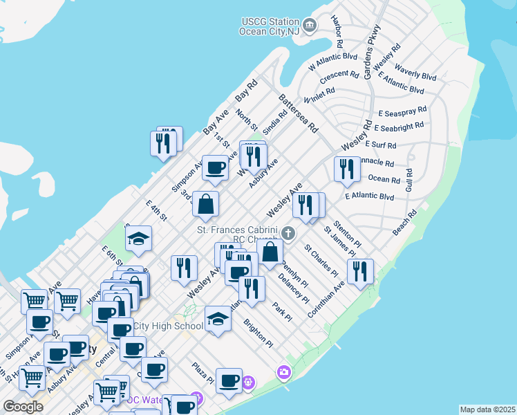 map of restaurants, bars, coffee shops, grocery stores, and more near in Ocean City