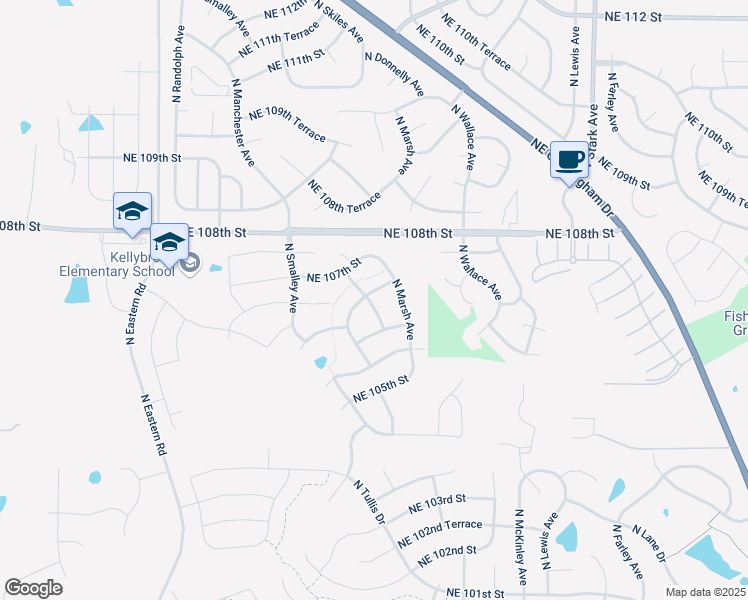 map of restaurants, bars, coffee shops, grocery stores, and more near 8200 Northeast 106th Terrace in Kansas City