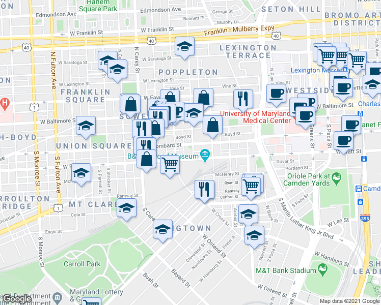 map of restaurants, bars, coffee shops, grocery stores, and more near 124 South Schroeder Street in Baltimore