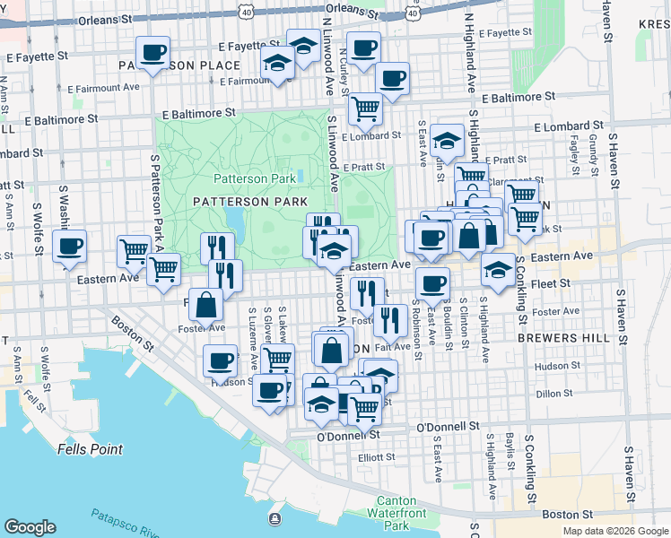 map of restaurants, bars, coffee shops, grocery stores, and more near 2898 Eastern Ave in Baltimore
