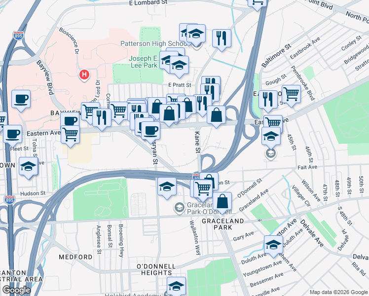 map of restaurants, bars, coffee shops, grocery stores, and more near 6315 Eastern Avenue in Baltimore