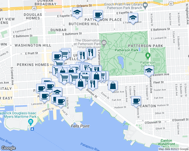 map of restaurants, bars, coffee shops, grocery stores, and more near 2219 Portugal Street in Baltimore
