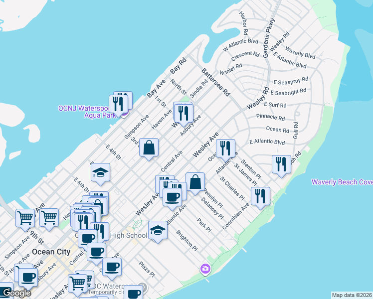 map of restaurants, bars, coffee shops, grocery stores, and more near in Ocean City
