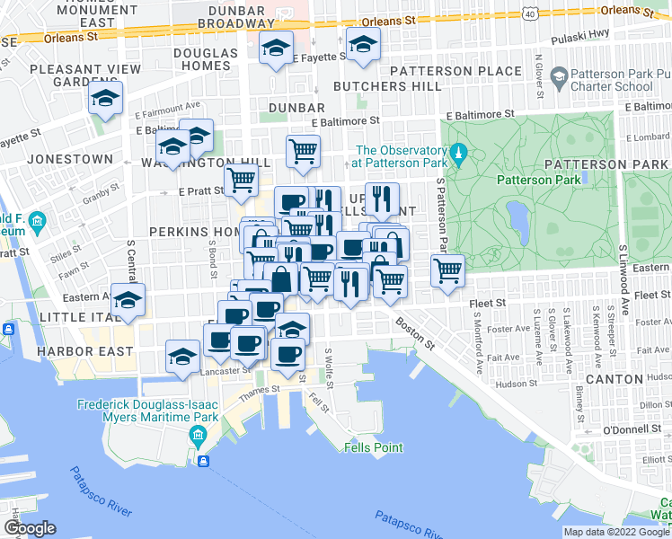 map of restaurants, bars, coffee shops, grocery stores, and more near 416 South Chapel Street in Baltimore