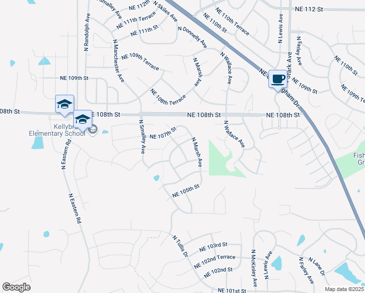 map of restaurants, bars, coffee shops, grocery stores, and more near 8200 Northeast 106th Terrace in Kansas City