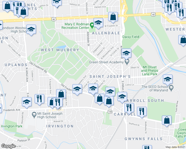 map of restaurants, bars, coffee shops, grocery stores, and more near 2 North Culver Street in Baltimore