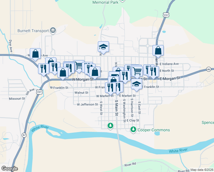 map of restaurants, bars, coffee shops, grocery stores, and more near 3 North Montgomery Street in Spencer