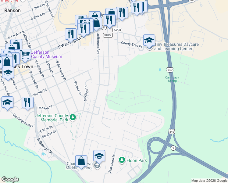 map of restaurants, bars, coffee shops, grocery stores, and more near 99 Belvedere Farm Ln in Charles Town