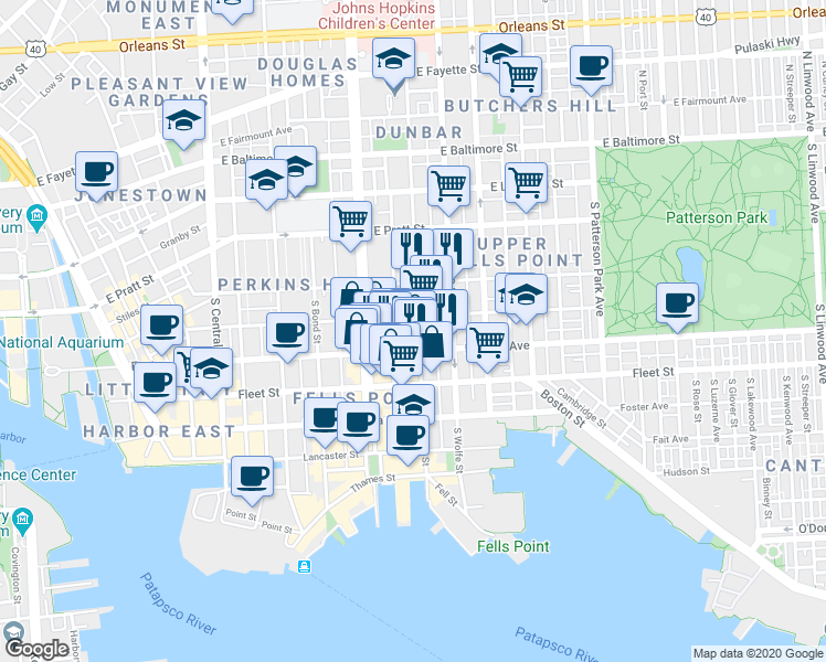 map of restaurants, bars, coffee shops, grocery stores, and more near 414 South Ann Street in Baltimore