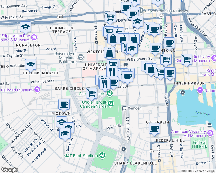 map of restaurants, bars, coffee shops, grocery stores, and more near S Paca St & W Pratt St in Baltimore